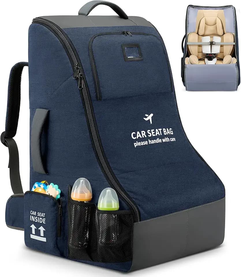 RAINSMORE Padded Car Seat Travel Bag for Airplane Car Seat Backpack, Blue