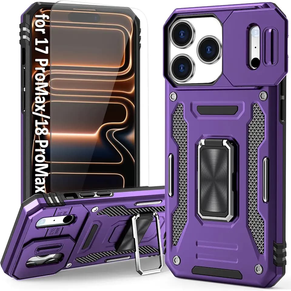 Heavy Duty Phone Case Compatible with iPhone 17 ProMax & iPhone 18 ProMax Case with Kickstand Ring & HD Screen Protector, with Camera Cover, fit Magnet Car Mount (Purple)