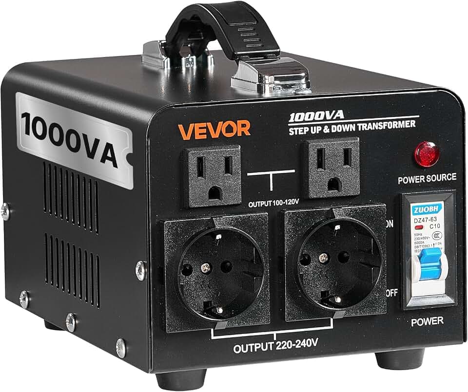 VEVOR Spannungswandler-Transformator, 1000 VA, Aufwärts-/Abwärts-Leistungstransformator, Konvertierung von 110 V auf 220 V & von 220 V auf 110 V, mit US-& EU-Steckdosen, Netzkabel, Schutzschalter