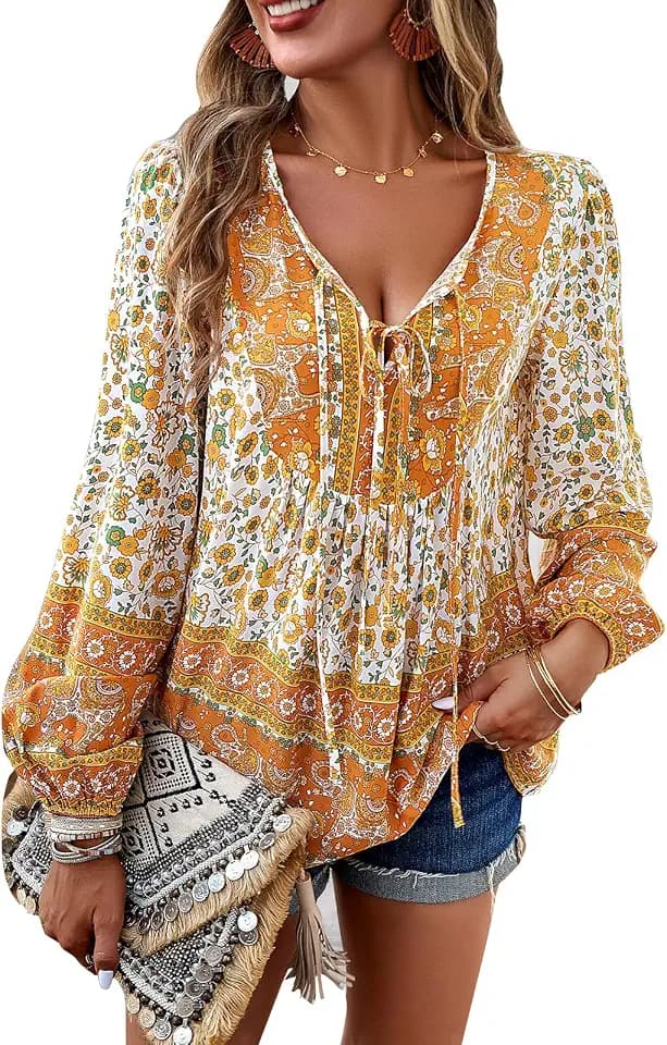 Womens Summer Boho Tops Floral Print V Neck Long Sleeve Peasant Blouses