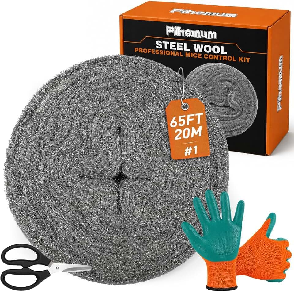 Steel Wool Mice Control – 65 Ft (20m) #1 Coarse Steel Wool Roll, 2.55 in Wide Wire Wool Gap Blocker for Holes, Rats & Rust Removal – Gloves & Scissors Included (#1 Steel Wool)