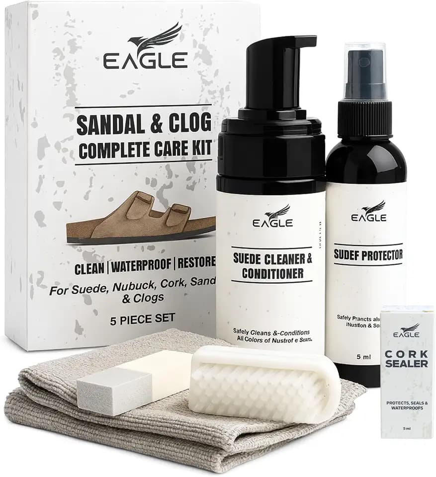 Eagle Sandal & Clog Care Kit – Compatible with Birkenstock – Suede Cleaner & Conditioner, Protector, Cork Renew, Brush, Eraser & Microfiber Cloth – 6-Piece Complete Shoe Cleaning Set
