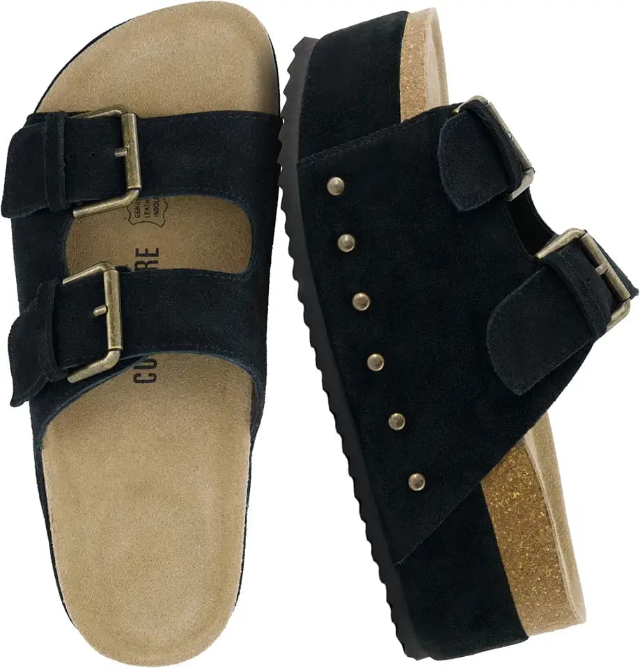 CUSHIONAIRE Guru Platform Sandals Women Footwear – Comfortable Genuine Leather Footbed Studded Chunky Slide Summer Sandals for Women