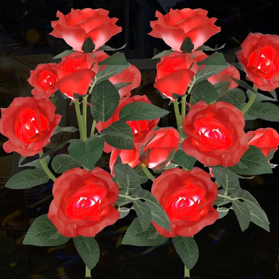 Solar Flowers, 2 Pack 14 Rose Blooms, Outdoor Waterproof Garden Lights