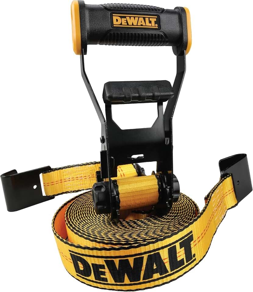 DEWALT DXBC10000F Spanngurt mit Ratsche, mit flachem Haken, robuste Ladungssicherung (4,5 kg Bruchfestigkeit), Schwarz/Gelb, 5,1 x 78,9 cm