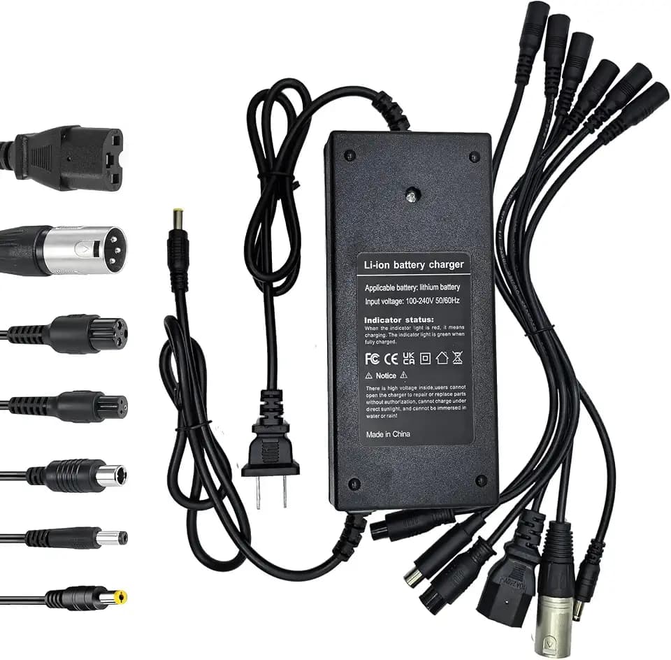 54.6V 3A Charger(7 Plugs) Universal for 13S 48V Li-ion Battery，Fast and Safe Battery Charger 3Prong GX16/DC 5.5x2.5mm/XLR/IEC/RCA Connector Power Supply Adapter