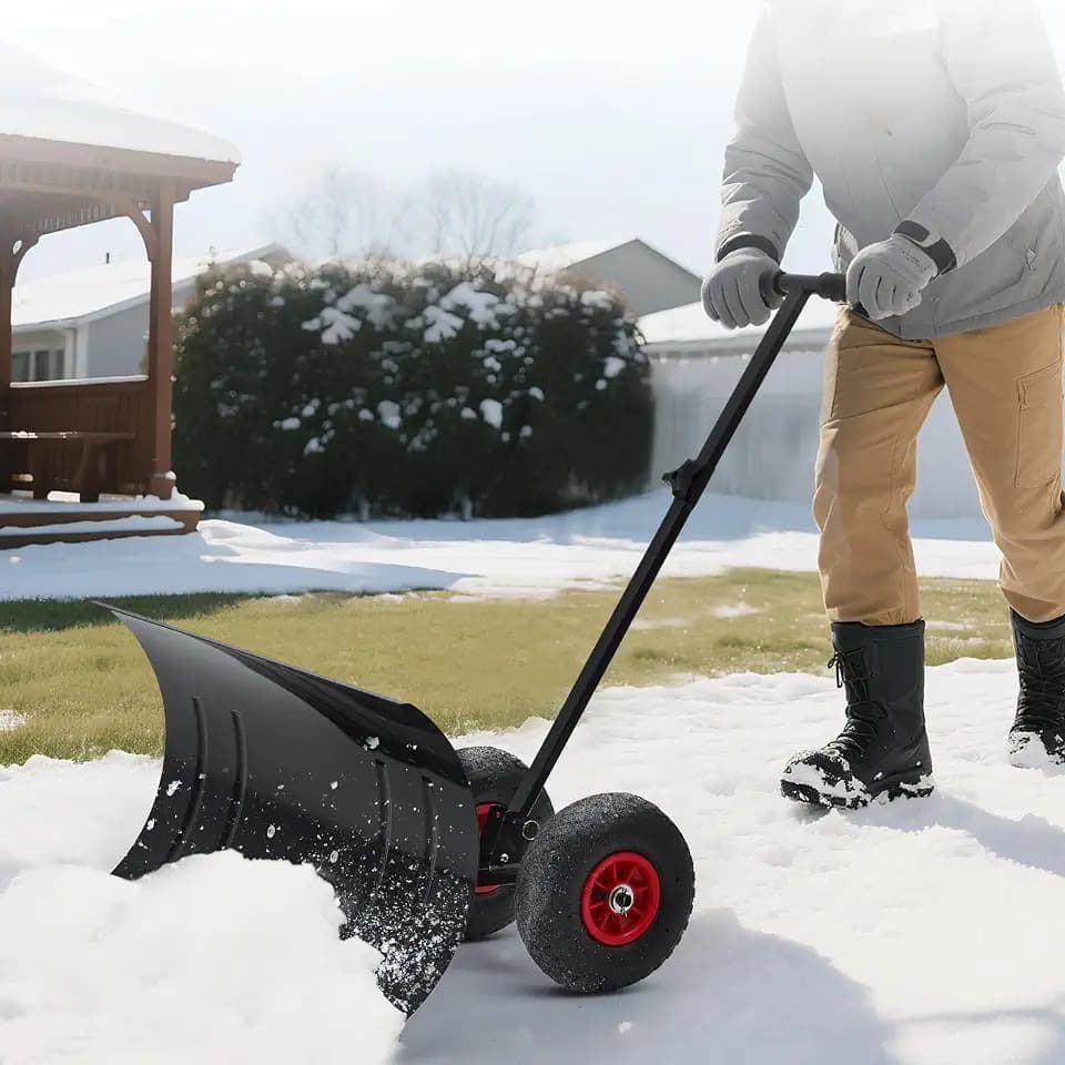 Garvee 30in W x 17in H Snow Shovel with Ergonomic Handle for Driveway, Heavy Duty Push Snow Plow Shovel with Large Adjustable Handle, Angled Blade and Wheels, Snow Removal for Driveway, Courtyard