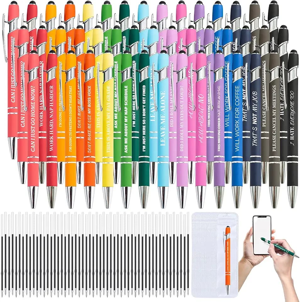 90 Pcs Funny Sarcastic Pens - 30 Set Ballpoint Pens with Refills & Bags,Fun Pen with Snarky Sayings, Stylus Tip - Demotivational Pen for Adults, Coworkers, Work, Office - Funny Gag Gift, Novelty Gift