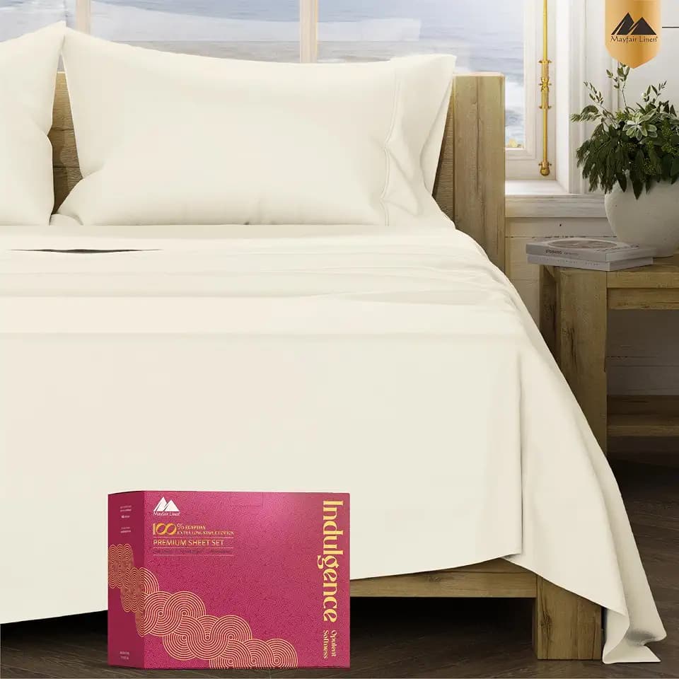 Mayfair Linen 1200 Series Queen Sheet Set, 17" Deep Pocket, Sateen, Ivory