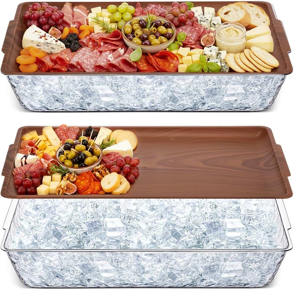 Baderke 2 Set 16" x 9" Plastic Chilled Serving Tray for Parties, Dark Wood