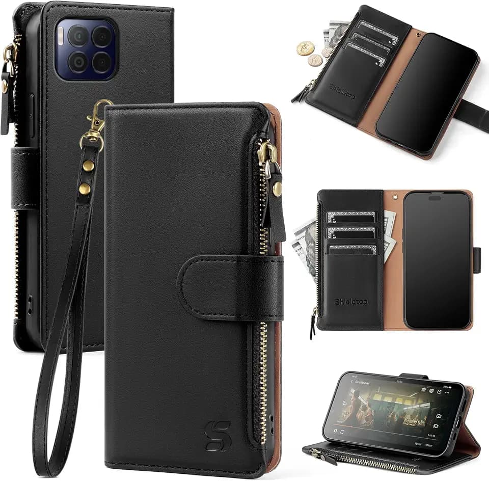 Shieldtop Compatible with T-Mobile REVVL 7 Pro 5G Wallet Case with Card Holder,Women Men RFID Blocking PU Leather Flip Cover Wrist Strap Zipper Credit Card Slots,Phone Case for REVVL 7 Pro 5G,Black