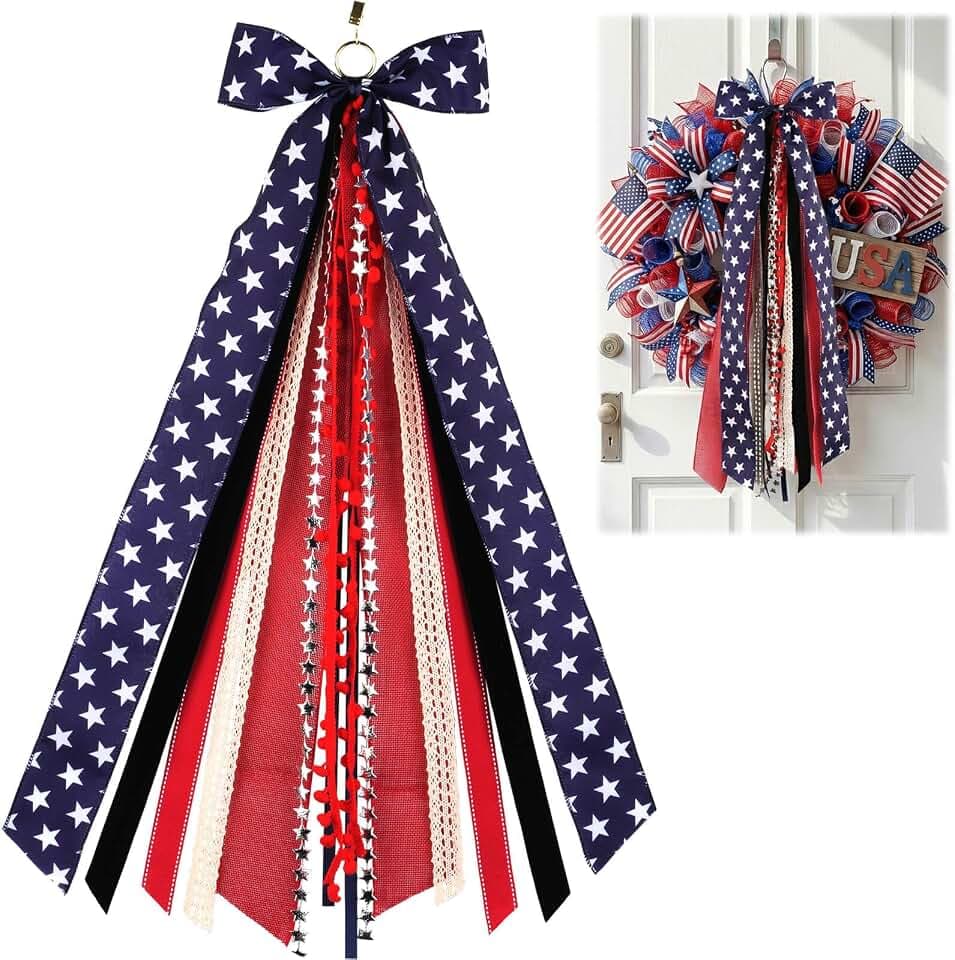 Patriotic Bow for Wreaths, 27.5" Red White Blue 8-Layer Wired Ribbon, Clip-On Stars Stripes Memorial Veterans Independence Day Front Door Decor