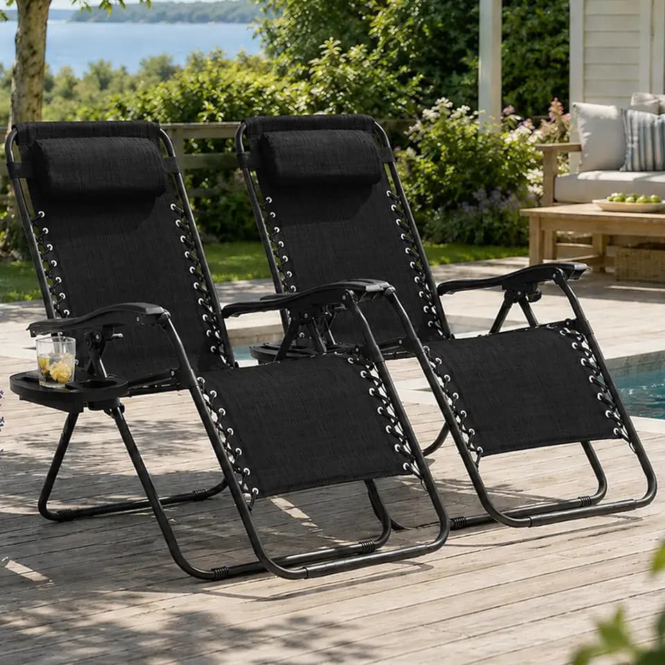 SUNW 2 Pack Zero Gravity Chairs, 7-Position Adjustable Black Folding Patio Recliner with Tray & Headrest, 330lbs Weight Capacity