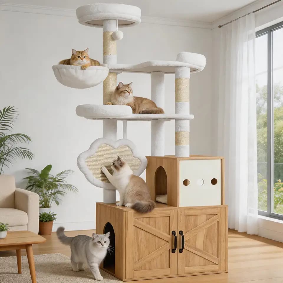 Heybly Kratzbaum mit Katzentoilette Versteck,Eiche Weiß HCT105BT