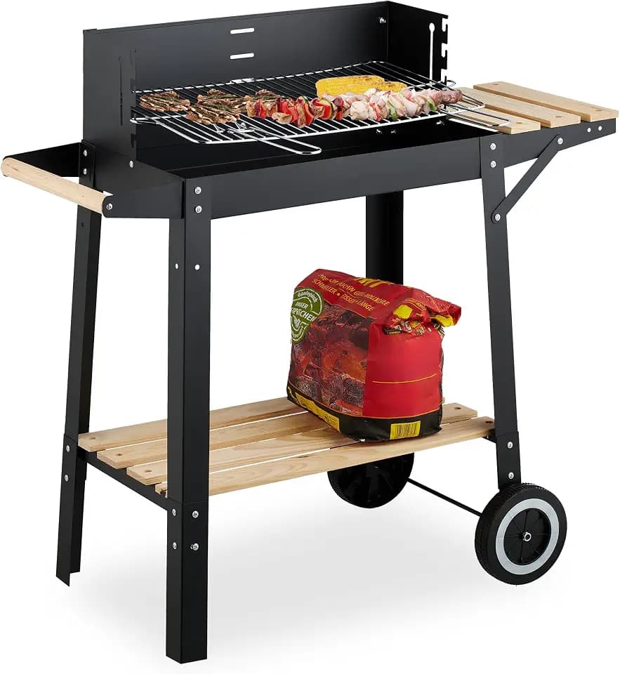 Relaxdays Grill mit Rädern, 2 Ablagen, höhenverstellbarer Rost, Windschutz, Grillwagen HBT: 80,5 x 86 x 42 cm, schwarz