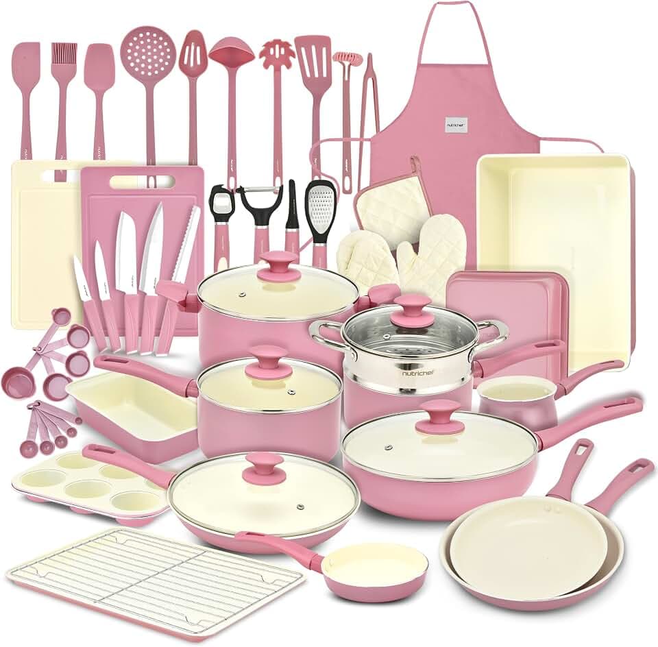NutriChef Topfset & Pfannenset – 54-teiliges Antihaft-Kochgeschirr Blush Pink | Inkl. Küchenutensilien, Backblech, Messer | Für Induktion, Gas & Elektro | Gesund & fettfrei kochen