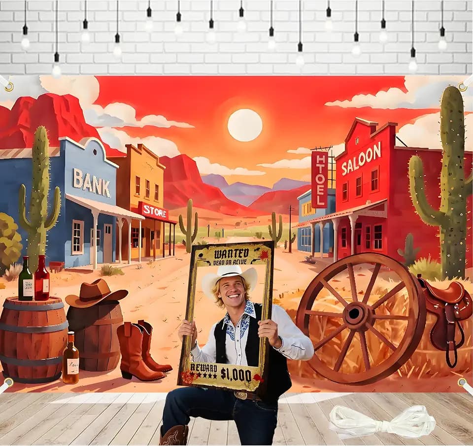 10x6.5ft Extra-Large Desert Photography Backdrop Cactus Mountains Wild West Desert Scene Background Western Cowboy Party Decorations with 32.8ft Ribbon and Wanted Photo Booth