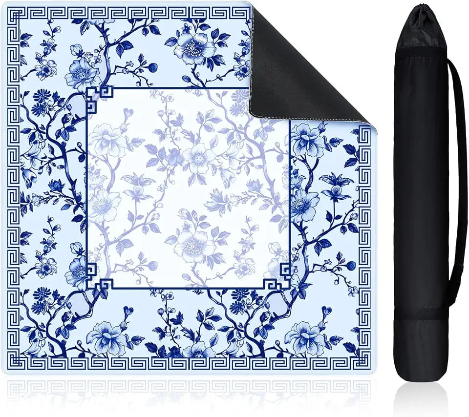 21.5 in Mini Mahjong Mat for Travel Blue White Floral Mahjong Mat