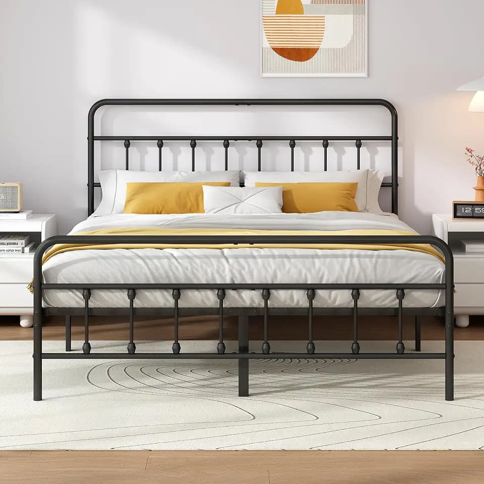 Vengarus Full Metal Bed Frame with Victorian Headboard & Footboard, Black