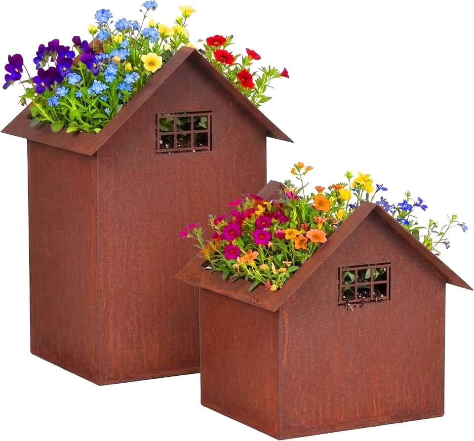 Relaxdays Gartendeko Rost, 2er Set, 2 Größen, Metall, Blumentöpfe, braun