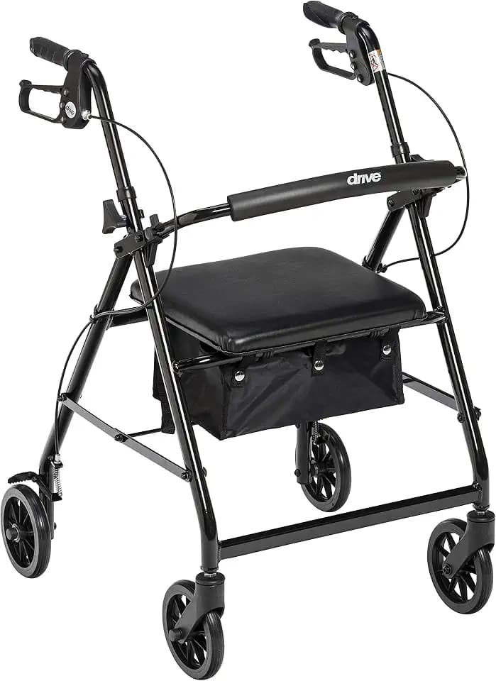 Drive Medical Aluminum Rollator Walker, Padded Seat, 6-Inch Wheels, Black