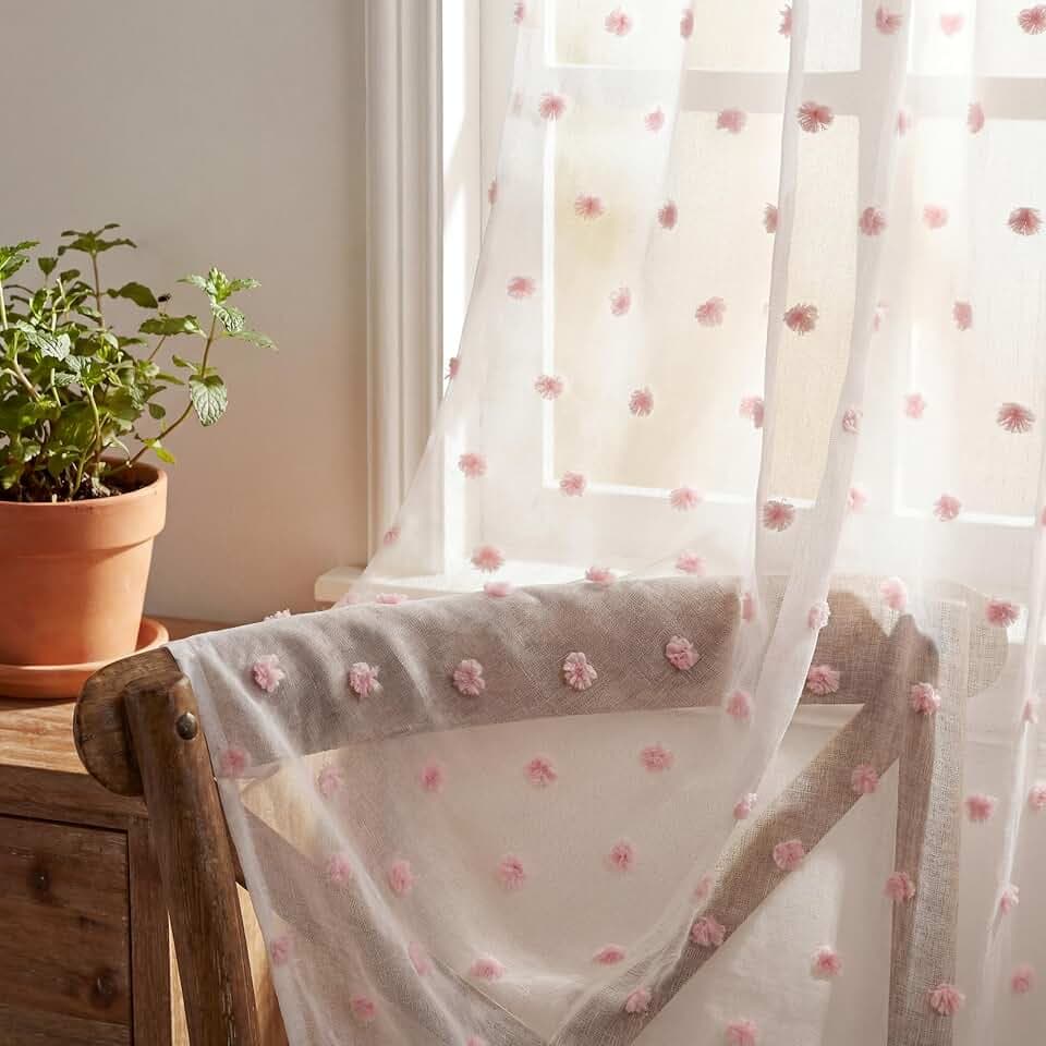 Horaldaily 2Pcs White Sheer Curtains for Window 52x63in, Pink Pom Pom, Boho