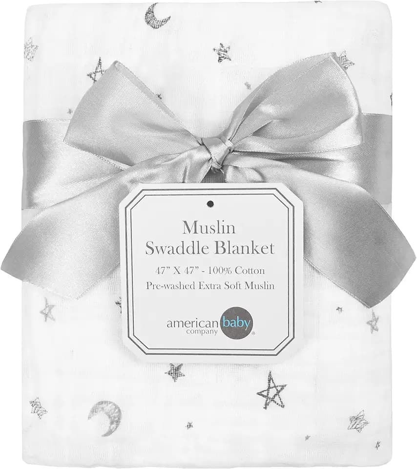 American Baby Company 100% Cotton Muslin Swaddle Blanket (47" x 47"), Soft, Breathable & Lightweight, Gray Stars/Moon, for Boys and Girls, Perfect for Swaddling, Travel and Gifting