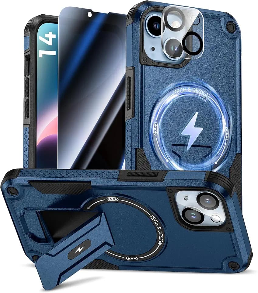Goton 3 in 1 for iPhone 14 Case with Privacy Screen Protector Blue