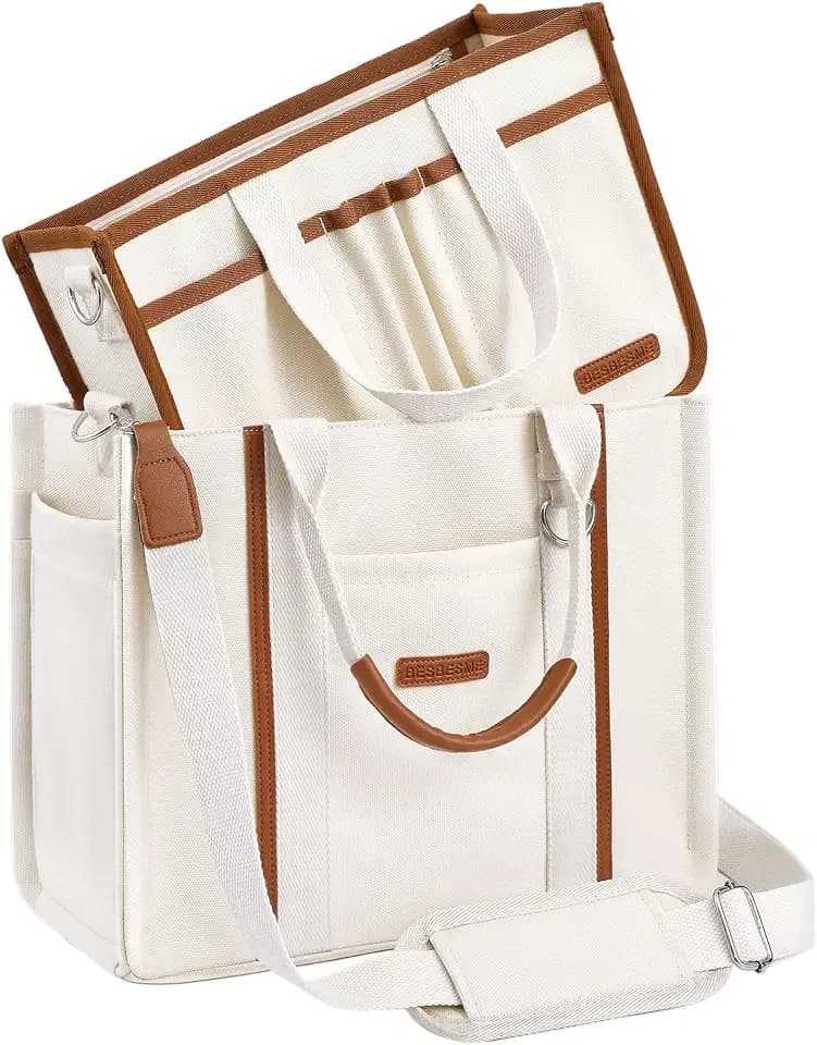 BESBESME Women’s Canvas Tote Bag with Zipper and Compartments – Multi-Pocket Laptop Work Crossbody Shoulder Tote Purse