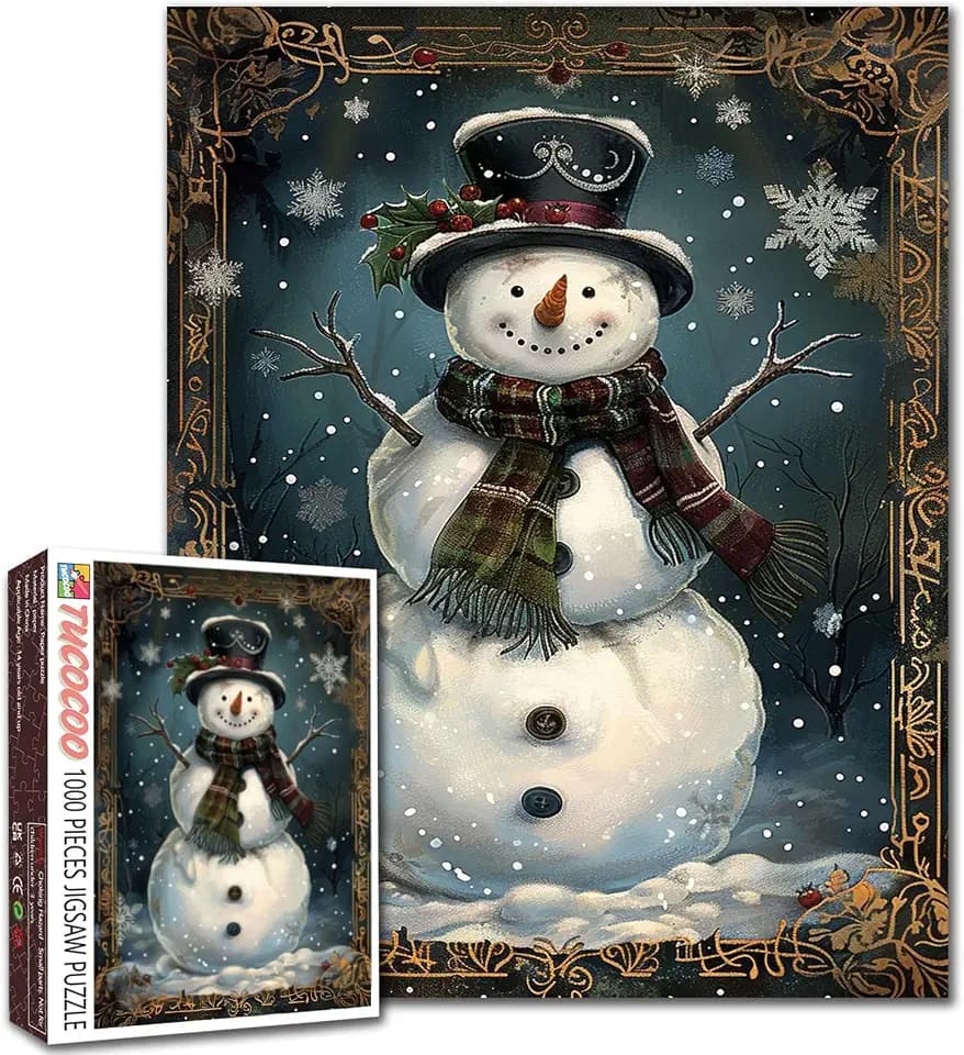 Tucocoo White Snowman Jigsaw Puzzle 1000 Pieces Puzzles for Adults, Winter Snowflakes Retro Art Puzzles for Challenging Family Activity Games 27x20 inch DIY Puzzle for Home Decor Gifts