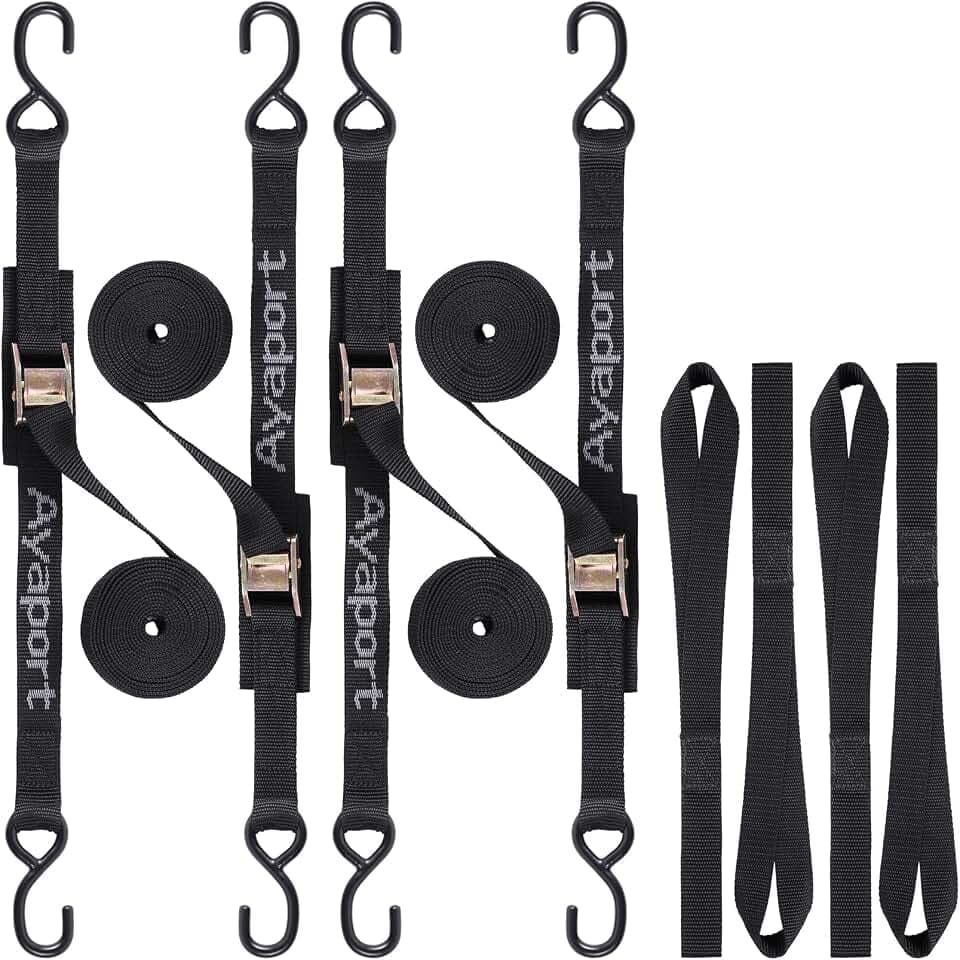 Ayaport Cam Buckle Tie Down Straps 4 x 1000kgs Break Strength Securing Straps with S Hooks for Motorcycle, Kayak, Car, Truck, Boat, Dirt Bike, Pack of 4 (3M)