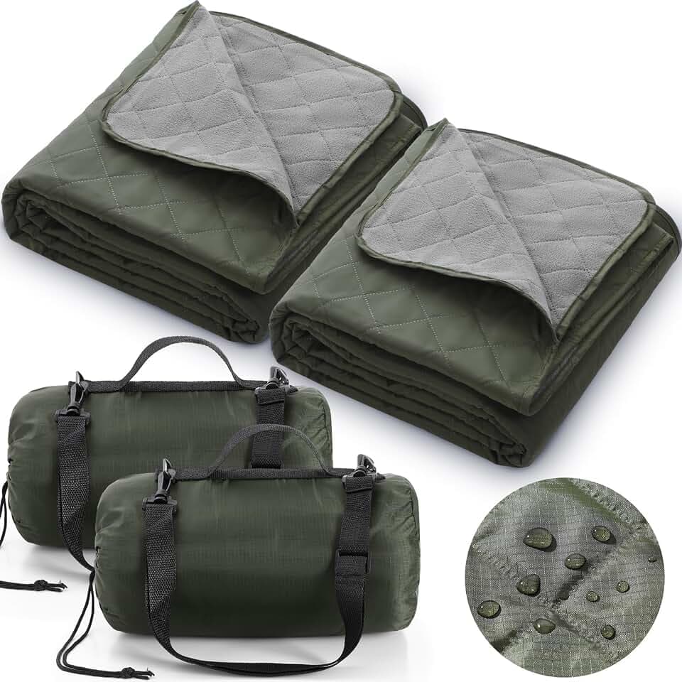 Tranqun 2 Pcs 2 Pcs Outdoor Blanket Quilted, Waterproof, Military Green