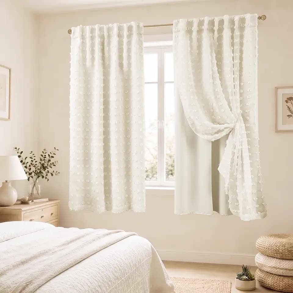 Cream Colored Rod Pocket Blackout Curtains 63 Inch Length for Bedroom, Pretty Boucle Textured Layered Sheer Opaque Room Darkening Drapes for Living Room 63 Inches Long 2 Panel Set