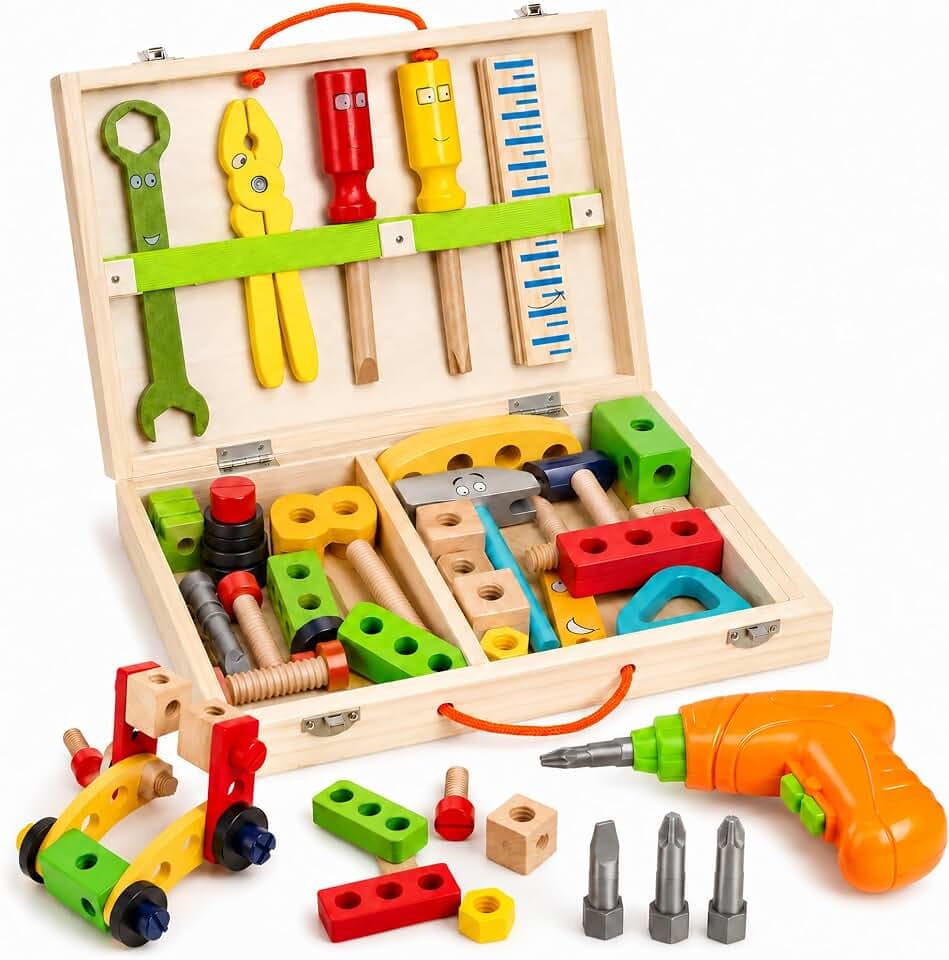 Kids Tool Set with Drill, 41-Piece Wooden STEM Toy for Ages 3+