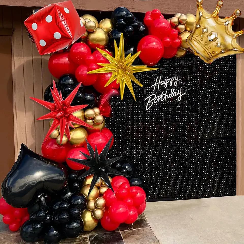 Casino Balloon Garland Arch Kit, 132Pcs Red Black and Gold Balloon Arch Set with Star Dice Crown Foil Balloons for Casino Royale Las Vegas Night Hollywood Poker Theme Birthday Party Decorations