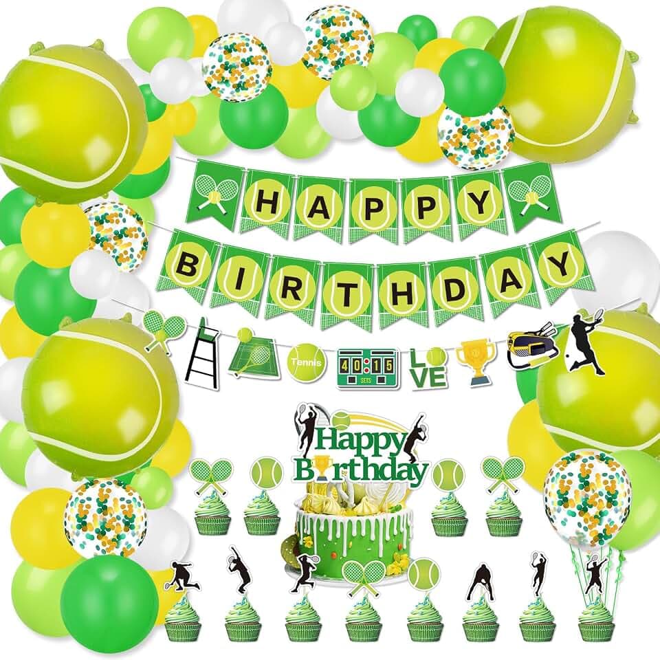 Tennisdekorationen – Happy Birthday Banner, Luftballons, Cupcake-Topper, Partyzubehör für Männer, Frauen, Kinder, Sportthema, Geburtstag