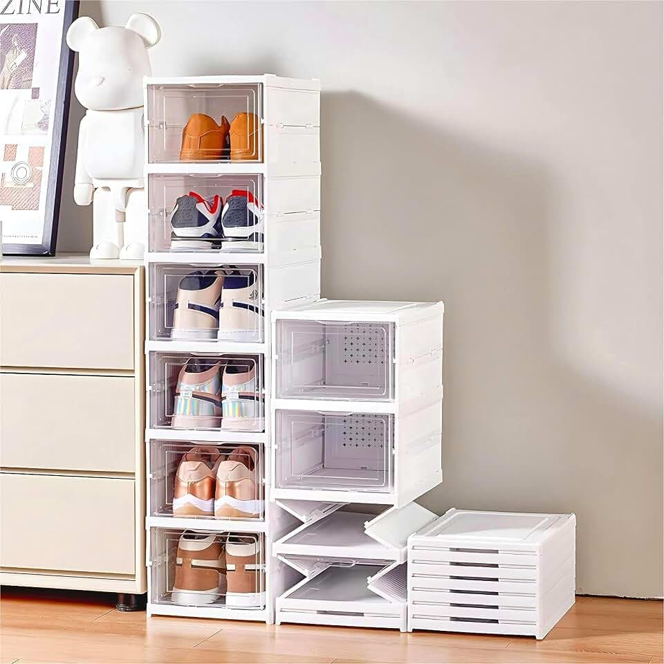 GUDEMAY Schuhboxen Stapelbar, Schuh Organizer aus Kunststoff，Weiß 6Ebenen
