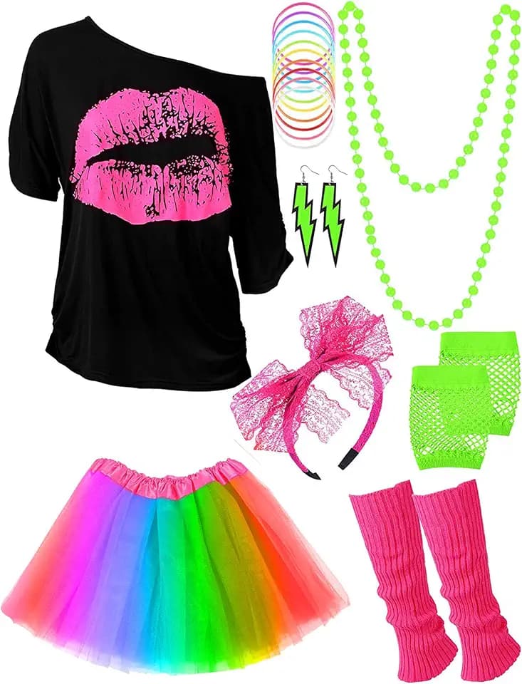 80er Jahre Outfit Kostüm Zubehör für Frauen Neon T-Shirt Tutu Rock für Halloween