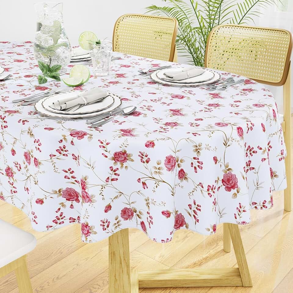 misaya Oval Waterproof Vinyl Table Cloth, Wipeable Tablecloth with Flannel Backing, Plastic Table Cover for Dinner, Picnic, Indoor and Outdoor (Pink Flowers, 60" x 84")