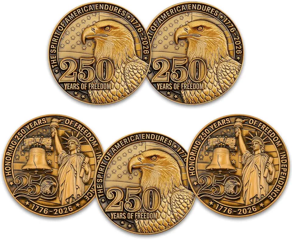 America 250th Anniversary Commemorative Coin,Patriotic Bald Eagle,Liberty Bell & Statue of Liberty Token Honoring U.S. Independence,1776–2026 Patriotic Freedom Challenge Coin(5 Pack)