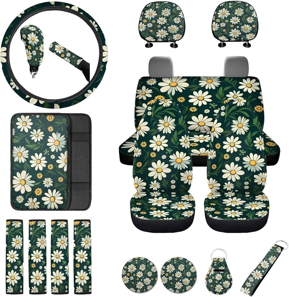 18Pcs Daisy Car Seat Covers Full Set with Steering Wheel Cover Auto Cup Holder for Car Coaster Headrest Cushion,Seatbelt Strap Pad,Center Console Cushion Handbrake Cover Keychain,Green
