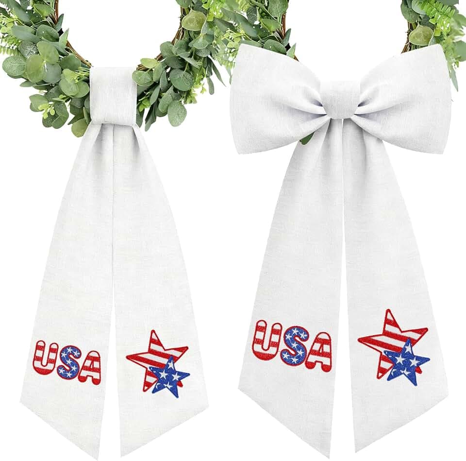 2 Pcs 4th of July Wreath Sash Stripes Stars for Front Door Embroidery Ribbon Sash Independence Day Patriotic for Yard Porch Doorway Decor Outdoor Party Decoration