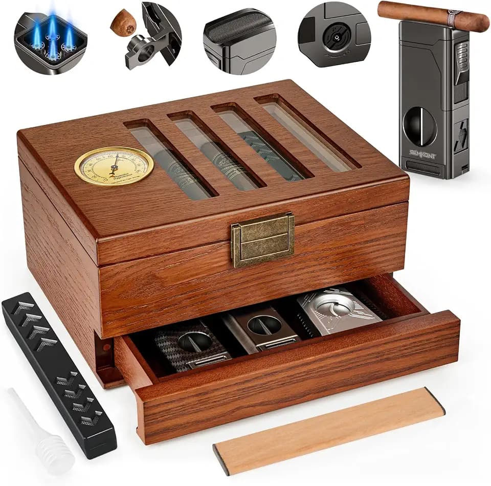 Cigar Humidor, Vintage Lock & Accessory Drawer Cedar Wood Humidor, Glass Top Desktop Cigar Box with Front Hygrometer, Humidifier, Cigar Lighter and Divider, Gifts for Men, Holds 20-35 Cigars
