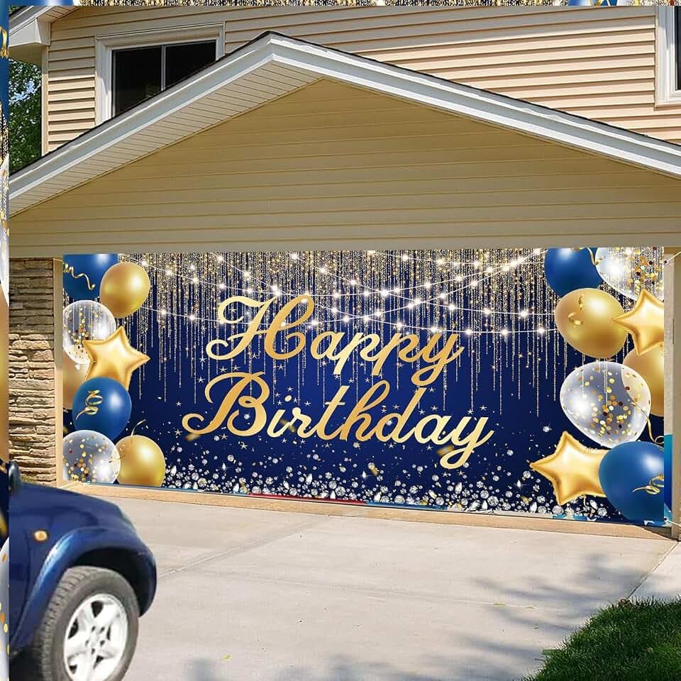 Drgilau 13X6ft Blue Birthday Garage Door Banner, Happy Birthday Garage Door Cover Backdrop Glitter Balloon Party Decor for Children Men Women, Blue Gold Party Outdoor Large Yard Fence Banner Supplies