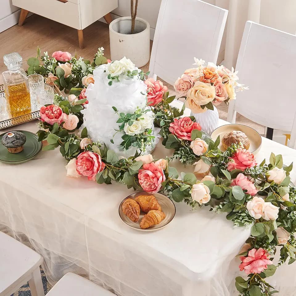 Artificial Flower Garland 5.4ft Rose Vine Decor, Champagne Pink Flower