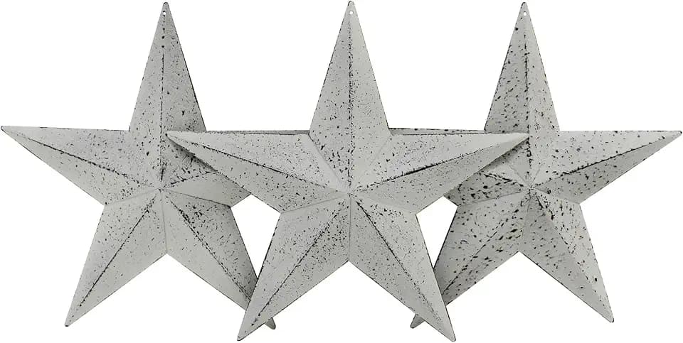 CVHOMEDECO. Country Rustic Antique Vintage Gifts Metal Barn Star Wall/Door Decor, 8-Inch, Set of 3. (Whitewash)