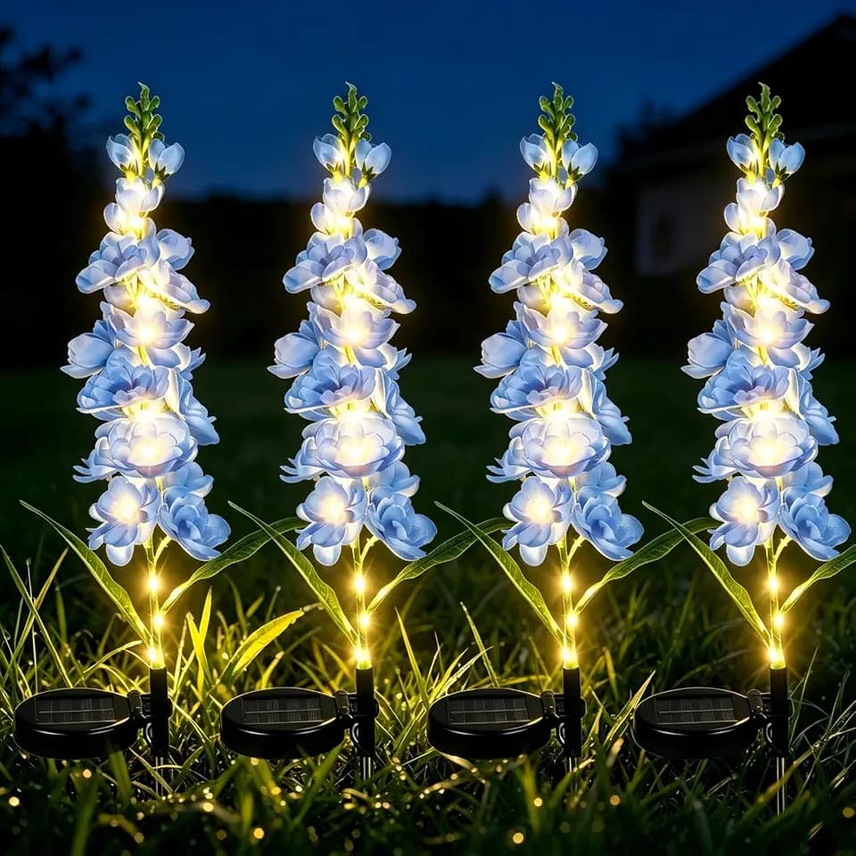 4 Pack Delphinium Solar Path Lights, 600mAh IP65 Waterproof Outdoor Garden Decor Lights
