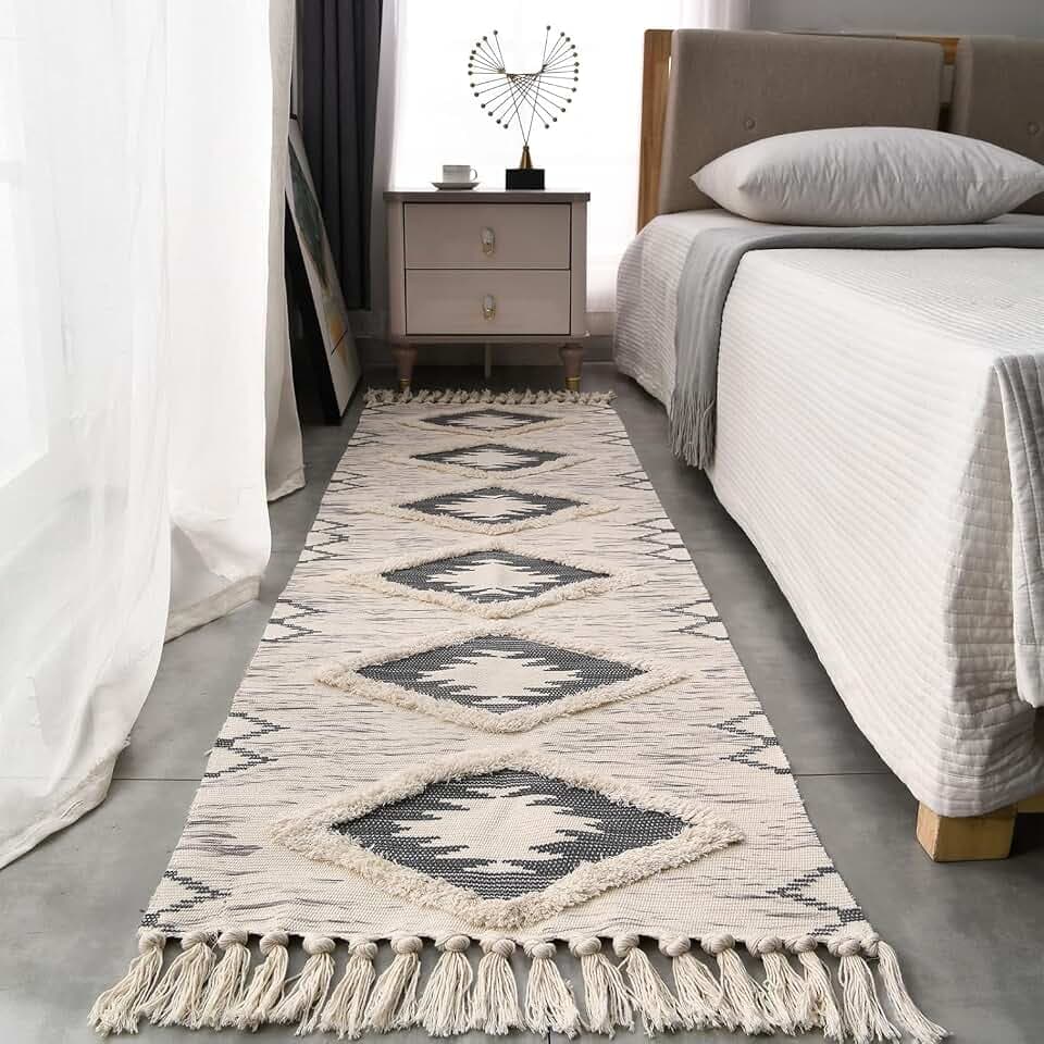 Baumwolle Teppich Getuftet Baumwollteppich Waschbar mit Quasten, gewebter geometrischer Shag-Überwurf, Boho-Bereichsteppich für Waschküche/Schlafzimmer (60 x 180 cm, Grau)