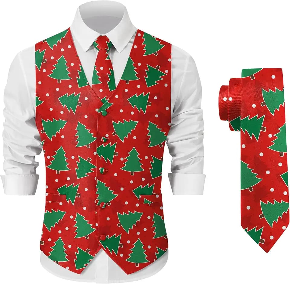 Arvilhill Men's Christmas Suit Vest with Tie Merry Pattern Business Party Festive Wear Set (S-3XL)