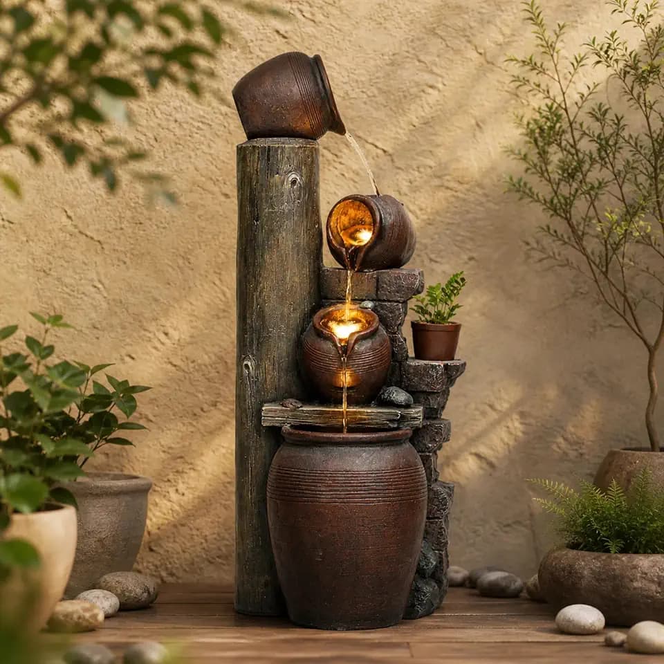 AUTODAYA 40" H Oversized Outdoor Water Fountain LED Lights 4-Tier Waterfall